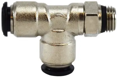 Authentic Midland Metal 20722N Swivel Run Tee, 10 mm Push-In x 1/2 in MNPT Global x 10 mm Push-In, Brass, Nickel-Plated