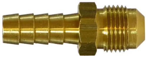Cheap Midland Metal 32084 Adapter, 3/8 in Hose Barbed x 3/8 in Male BSPT 45 deg Flared, Brass