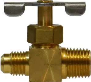 Final Sale Midland Metal 46029 Needle Valve, 1/4 x 1/4 in Nominal, Male Flared x MPT, 150 psi Pressure, Brass Body