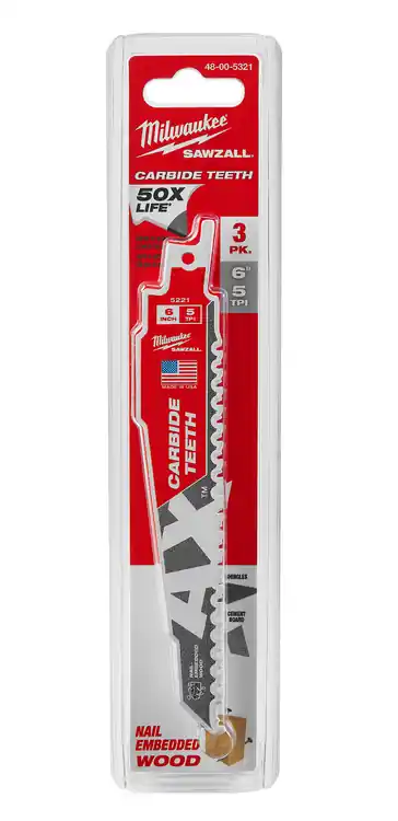 Low Price Milwaukee Tool 48-00-5321 6" 5 TPI AX with Carbide Teeth SAWZALL Blade for Wood with Nails (3 PK)