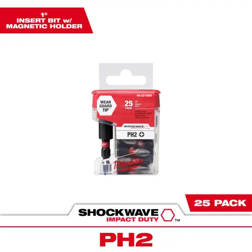 Milwaukee Tool 48-32-5009 SHOCKWAVE Impact Duty 2.36" Magnetic Bit Tip Holder w/ Phillips 2 Insert Bits, 5 Pack Professional Grade