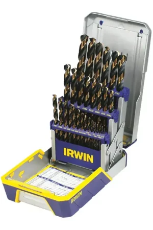 IRWIN 3018005 1/16" to 1/2" by 64ths 135° Black & Bronze W9 High Speed Steel Jobbers Length Drill Set Next Day Delivery