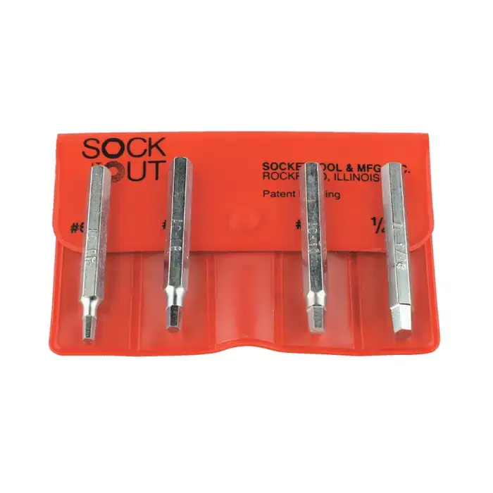 Top Rated SOCK-IT-OUT Model DEB-1, Heat Treated Alloy Steel 4 Pc. Socket Head Cap Screw Extractor Set Removes Sizes 6 to 1/4"
