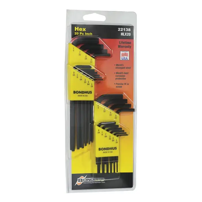 BONDHUS 22138 1/16" to 1/4" Long & Short Hex Size, Assorted Long Arm Length, ProGuard Finish Ball Key While Supplies Last